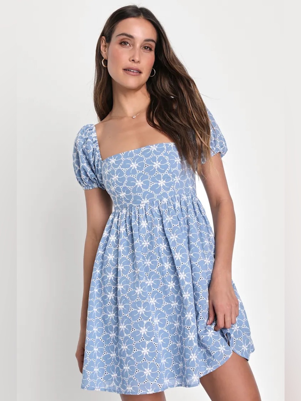 Lulus Fit to Frolic Blue Eyelet Lace Puff Sleeve Babydoll Dress Size M NWT